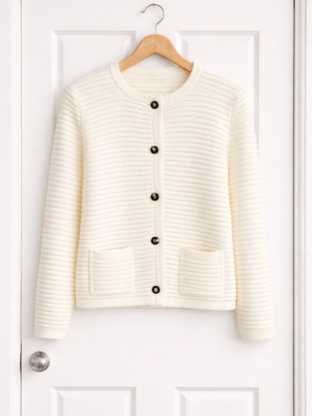 Hillary Radley Cream Ribbed Button-Front Cardigan Jacket Sz M & L